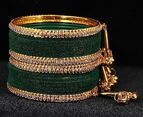 Image of NMII Metal with Zircon Gemstone and Velvet Studded Bells Latkan Bangles Set For Girls and Women I Latkan Bangles, Premium Bangle Bracelet Set I Pack of 16 Bangles
