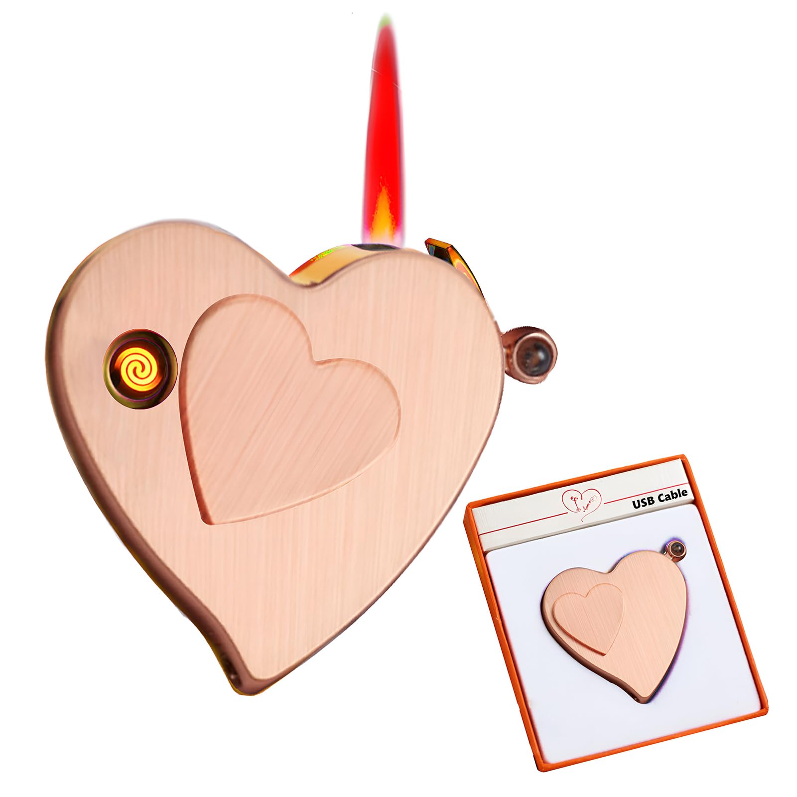 Creative Love Jet Flame Torch Lighter - Electric, Windproof, USB Rechargeable, Refillable Butane, 2 in 1 for Outdoor & Indoor Gifts (Rose Gold)
