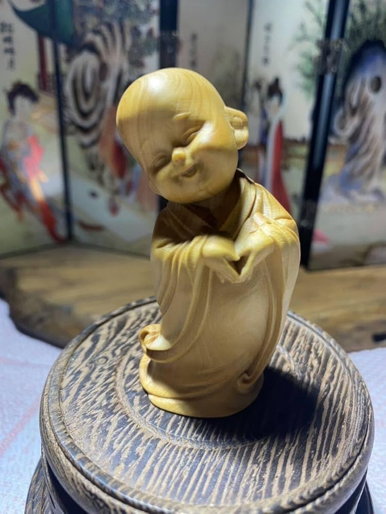 送料無料 仏教美術 高級木彫り 天然木彫刻 静思 木彫り 可愛い