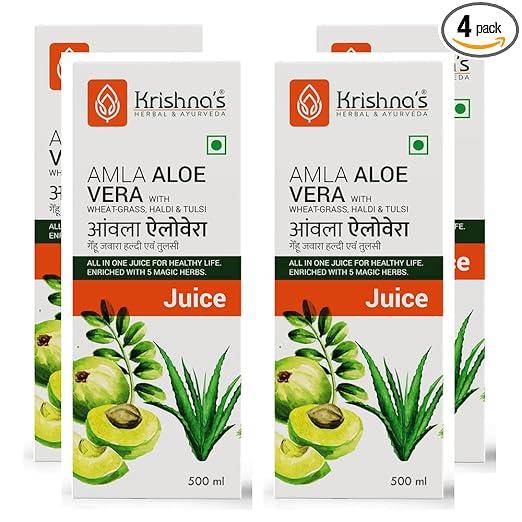 Krishna's Amla Aloe Vera Wheat-grass, Haldi & Tulsi Juice - 500 ml (Pack of 4) | Powerful Antioxidant | Enriched with Vitamin C | All in one health drink with Aloe Vera, Amla, Haldi, Tulsi & Wheatgrass