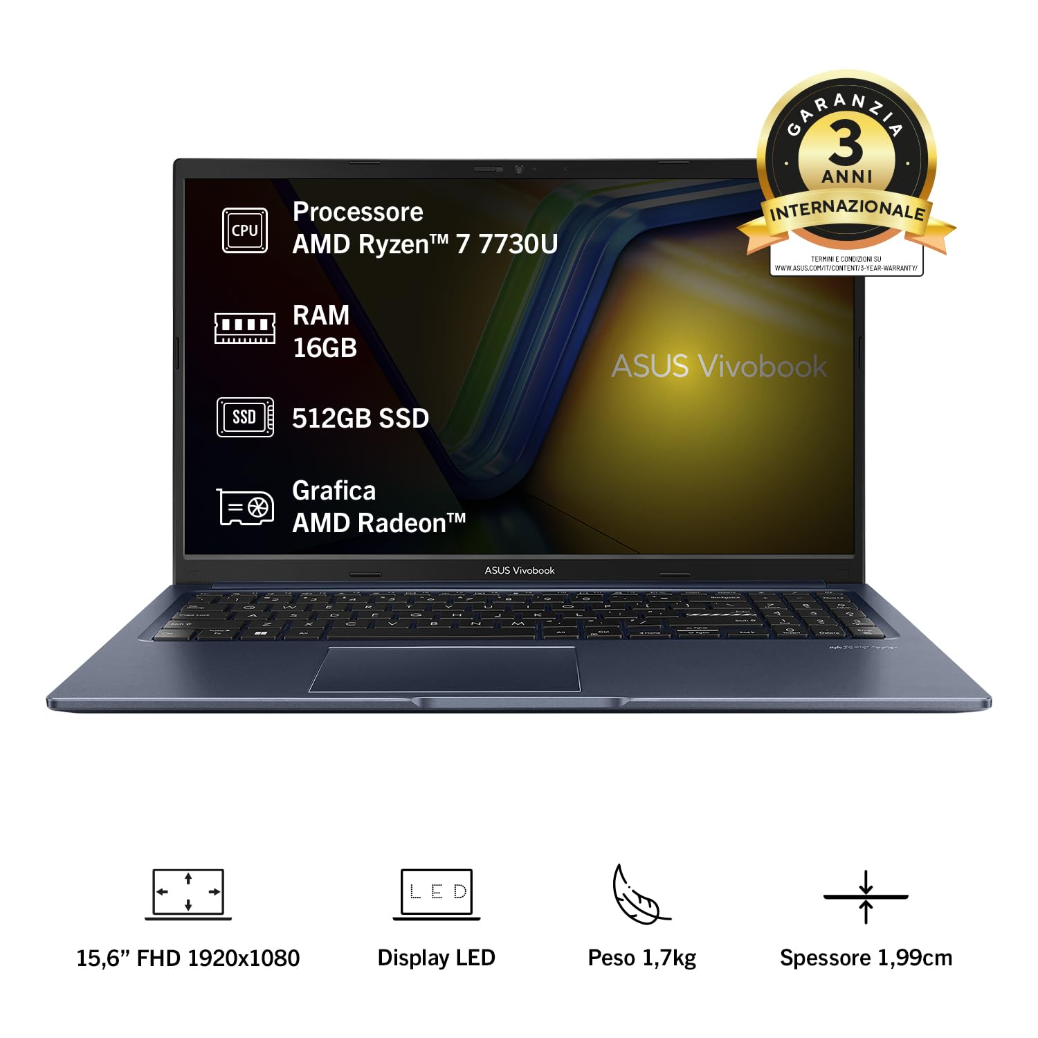 ASUS Vivobook 15 M1502YA, Notebook con Monitor da 15.6" IPS Anti-glare, 60Hz,AMD Ryzen™ 7 7730U Processor,RAM 16GB, 512GB SSD, WIN11 Home, Blu
