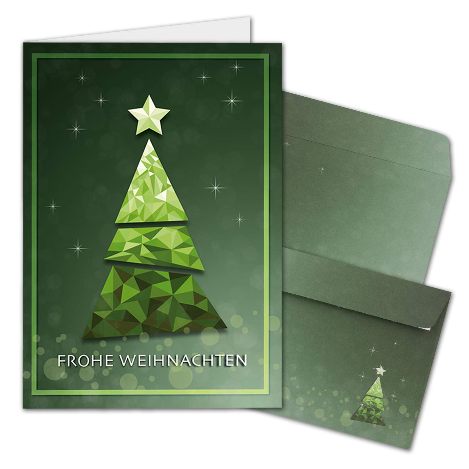 NEUSER PAPIER 75x Weihnachtskarten-Set DIN A6 mit grünem Weihnachtsbaum in Glasmosaik-Optik - Faltkarten mit passenden Umschlägen DIN C6 in Grün - Weihnachtsgrüße für Firmen und Privat