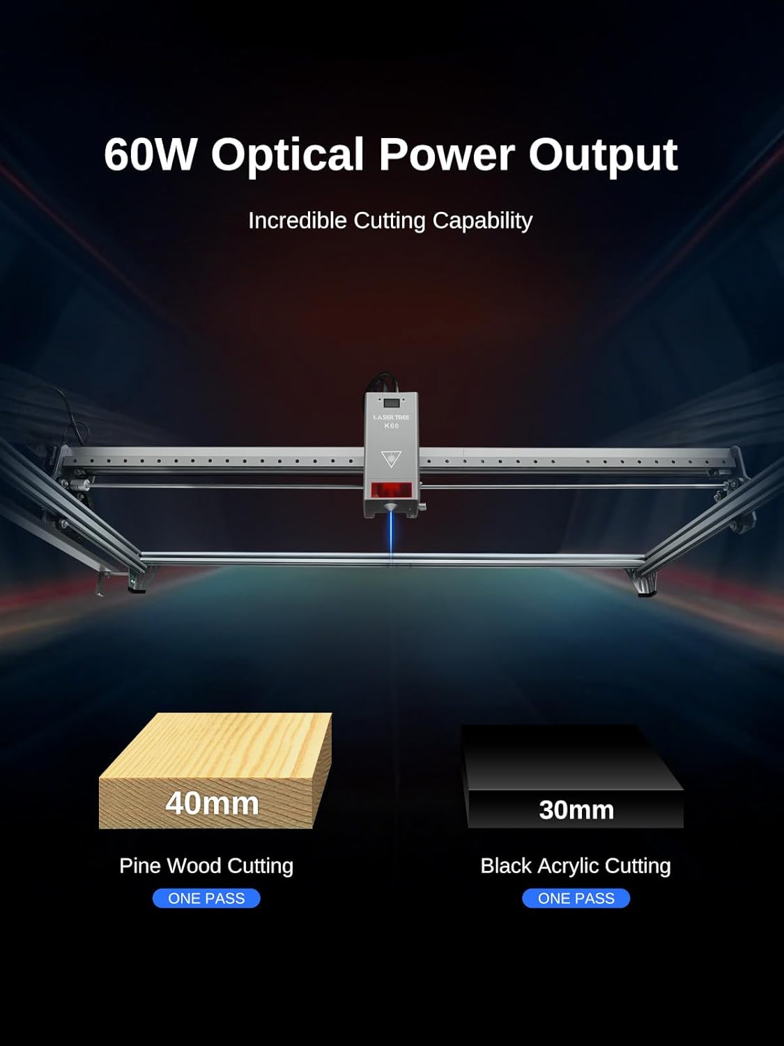 LASER TREE 60W (60000mW) Output Laser Engraver, 39 * 59 Inch Laser Engraving Machine with Air Assist, Switchable Diode Laser Cutter Engraver for Cutting Engraver for Wood Metal Acrylic, Class 4