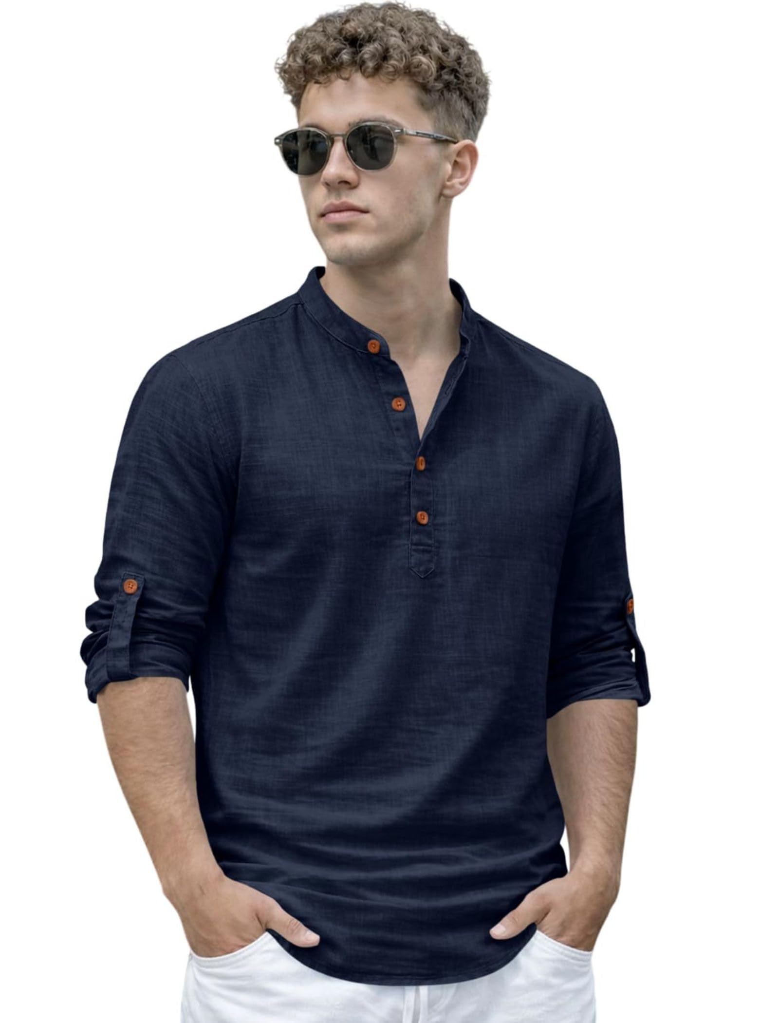 zombom Men’s Cotton Blend Kurta Shirt with Full Sleeves Mandarin Collar Neck Solid Pattern for Men Regular Fit Ethnic Wear Casual Festive Top Modern Style | Cotton Shirt for Men-picture-22