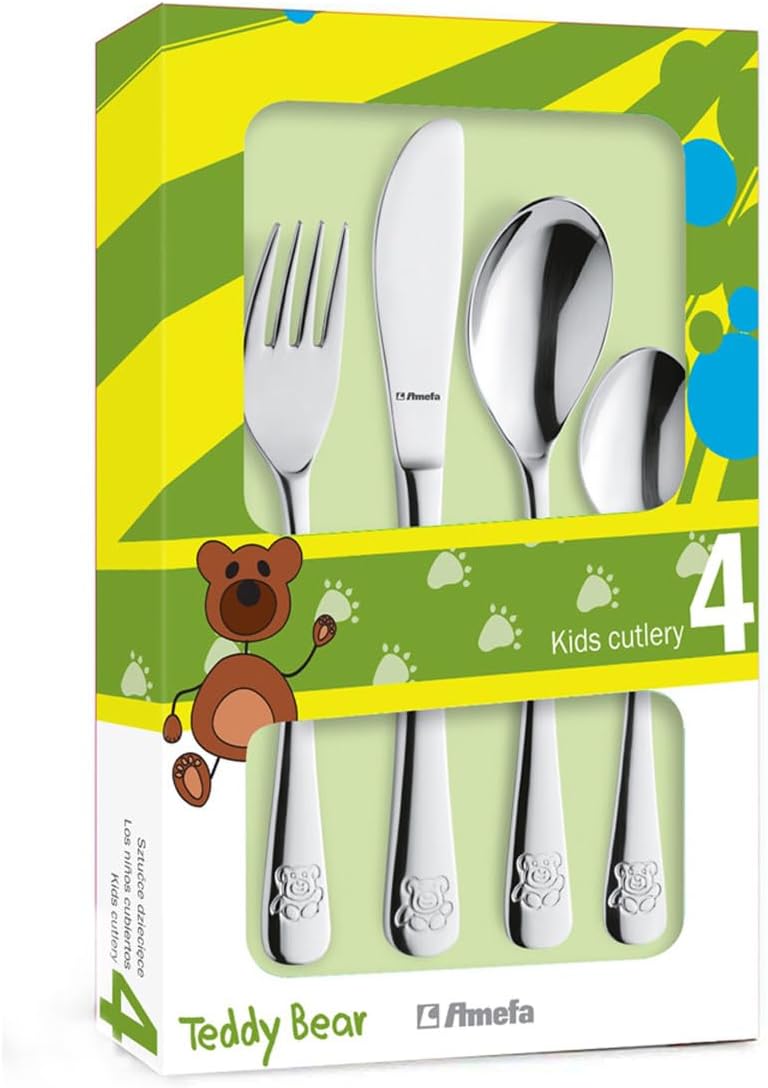 Amefa 43100G0006A40 Child's Cutlery 4-Piece in Gift Packaging Teddy Bear Design 18/10 Polished Stainless Steel