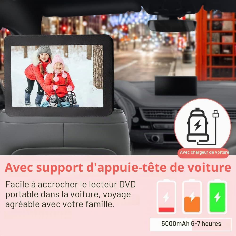 Lecteur DVD portable 16" écran pivotant 14,1" batterie 6 heures support appui-tête voiture noir