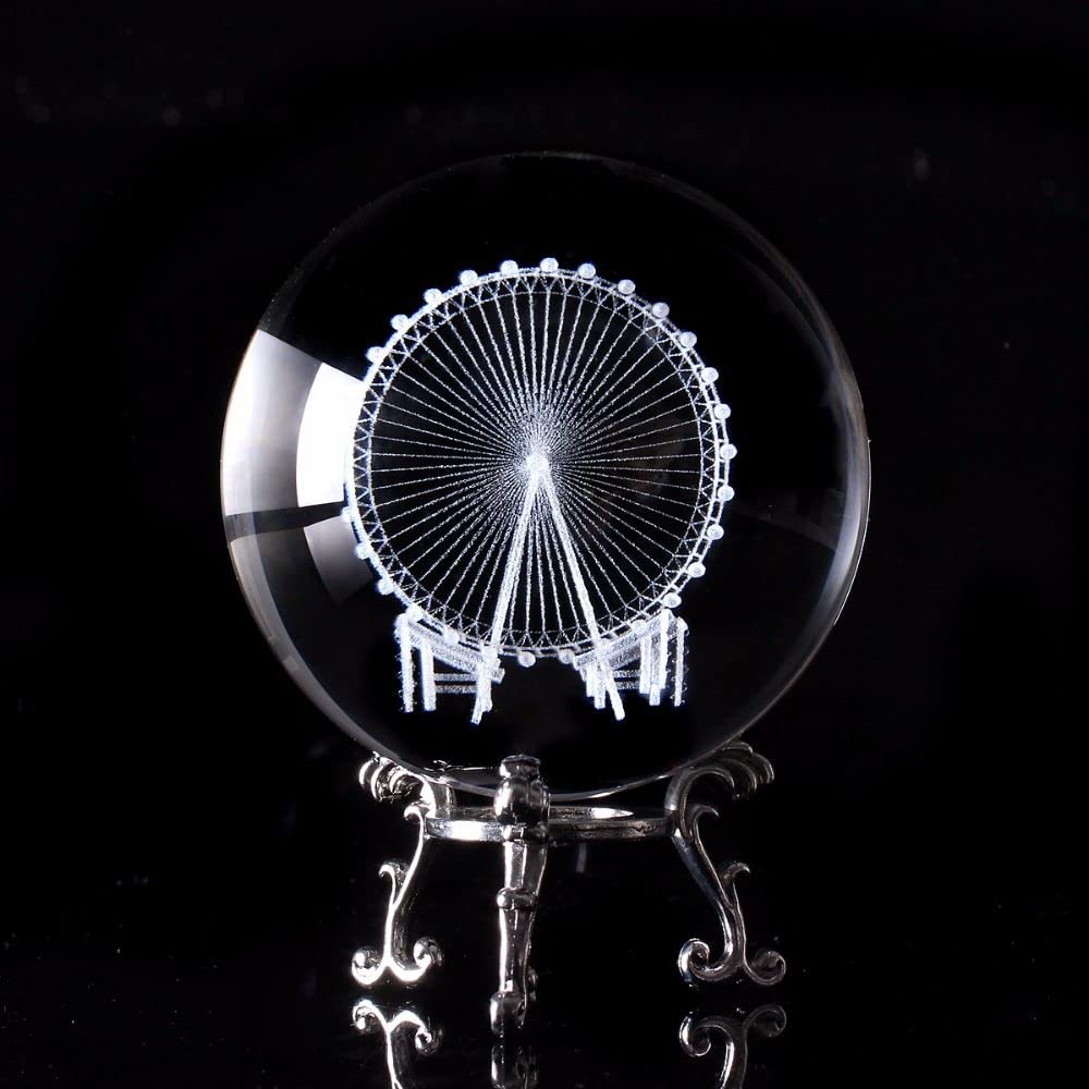 60/80mm 3D grawerowany diabelski młyn kryształowa kula 3D miniaturowy model kula szklana kula Ornament akcesoria do dekoracji domu prezenty, z kryształową podstawą, 80mm