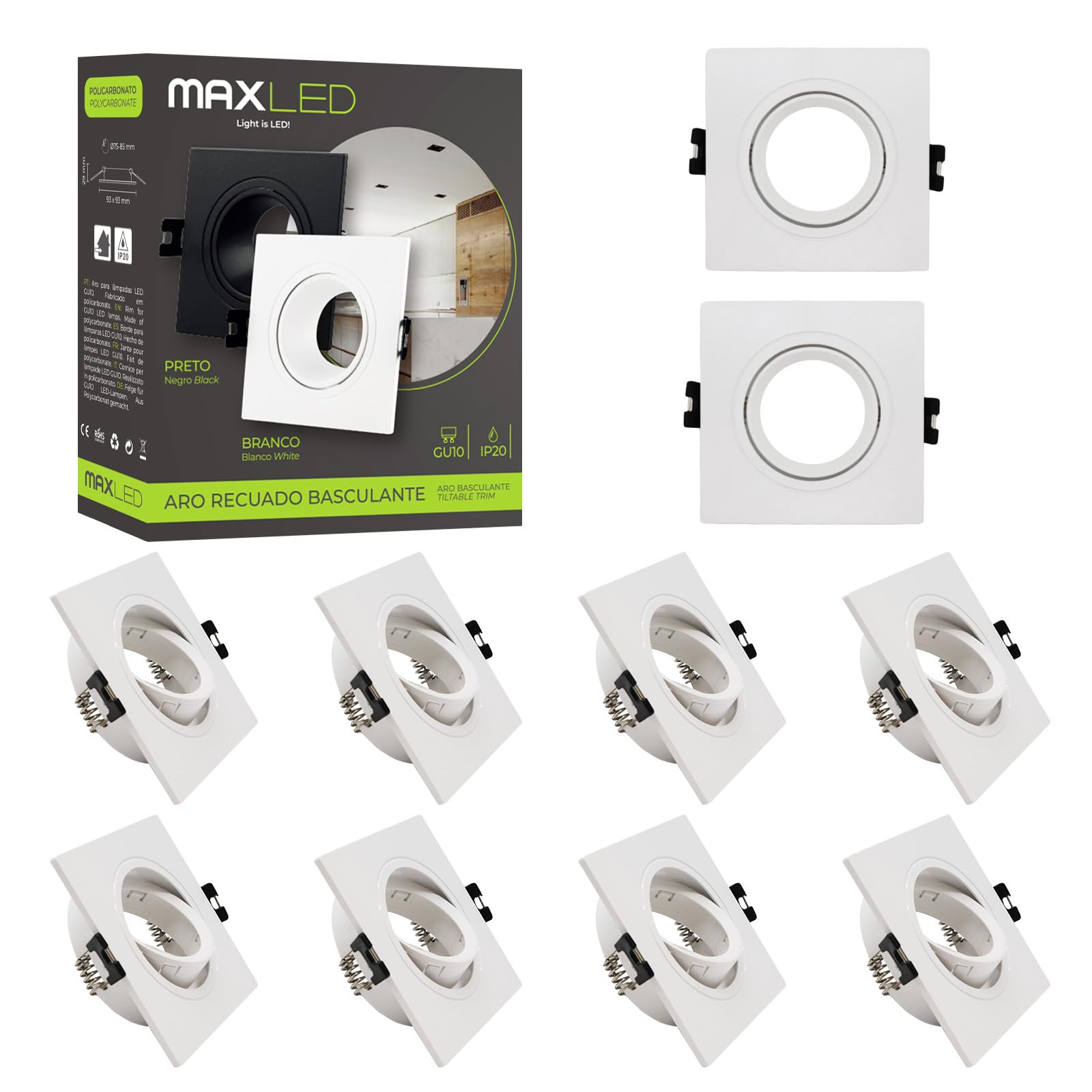 10 Pezzi Cornice Faretto Incasso GU10 Orientabile Portafaretto Incasso Bianco Alogeno Faretti Foro Ø75mm Quadrato Bianco Dimensioni: 93mm x 93mm x 25mm
