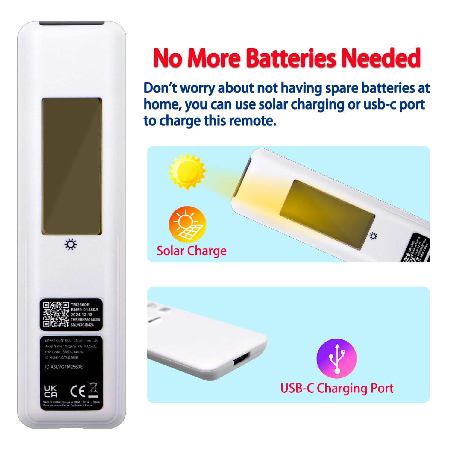 BN59-01480A TM2360E TM2560E - Mando a distancia de voz para TV solar de repuesto USB-C, recargable, Bluetooth, con IA, compatible con Samsung Neo QLED 8K 2023-2025, televisores inteligentes QLED