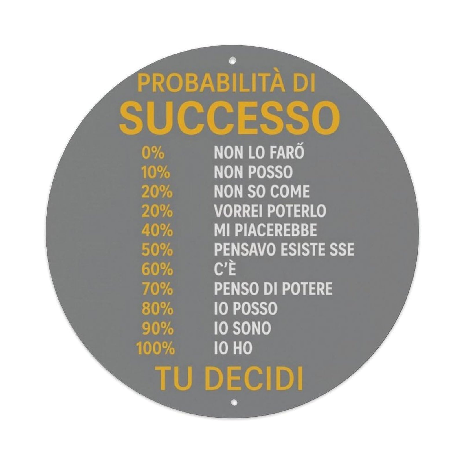 Italian Success Probability Inspirational Round Sign Vintage Aluminium Metal Sign, Retro Wall Decor for Home, Bar, Garage & Farmhouse 20x20cm
