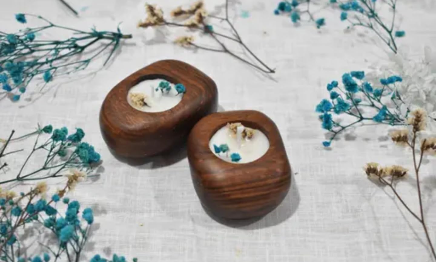 Bougies chauffe-plat en bois marron foncé et fleurs | Lot de 2 décorations rustiques fait main