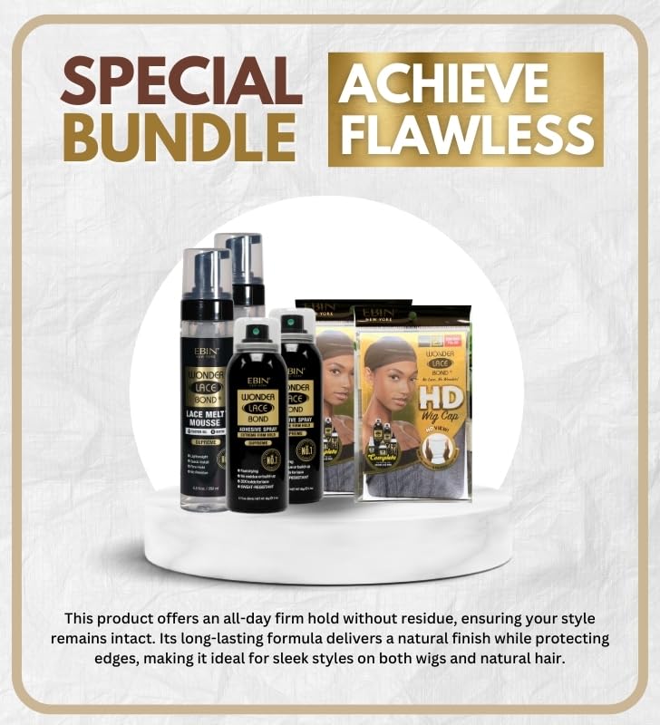 2X Wonder Lace Melt Mousse Bundle with 2X Wonder Bond Wig Adhesive Spray - Supreme & 2xWonder Lace Bond HD Caps by EBIN NEW YORK – Secure Melt & Precision Wig Application – Gift Set (6 Items)