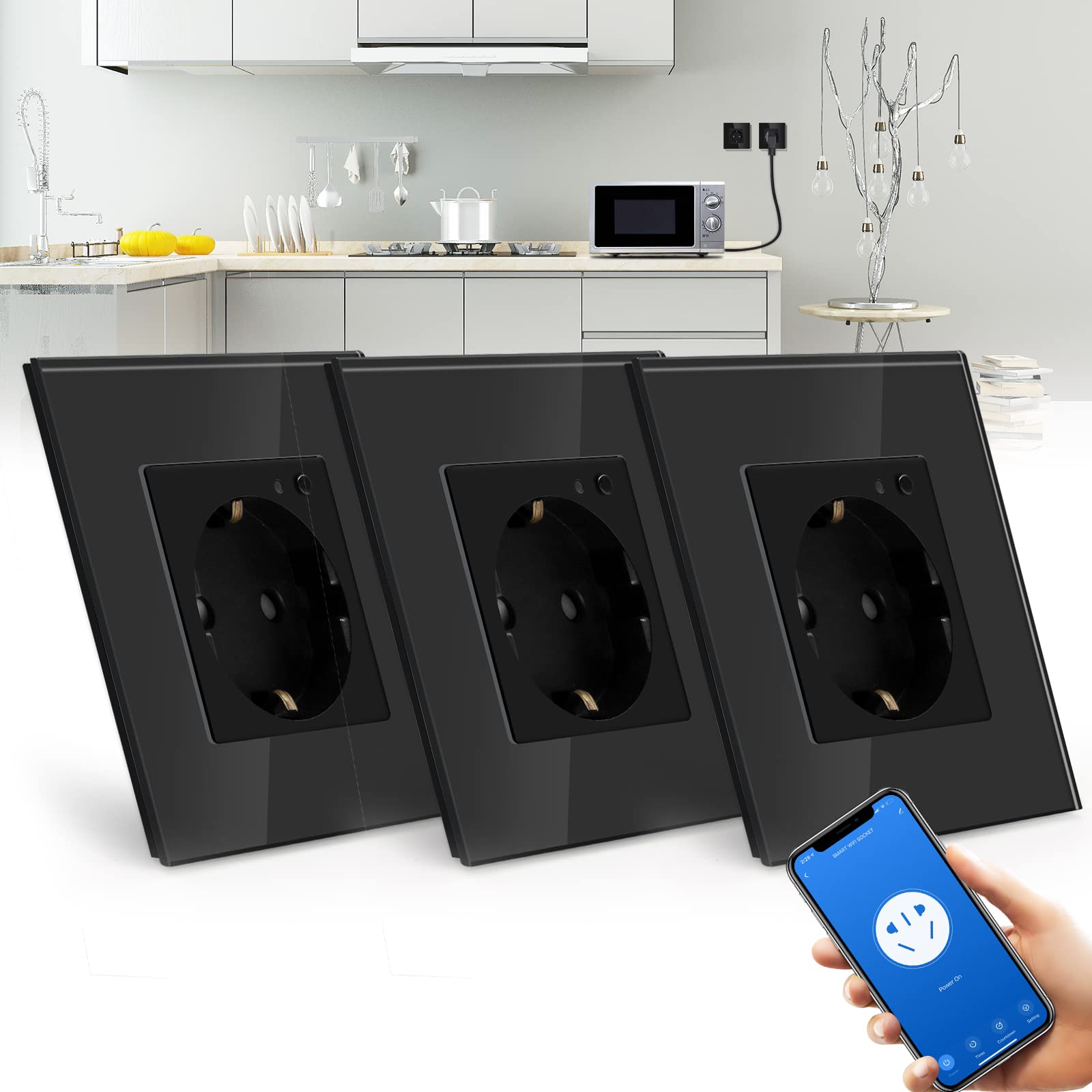 BSEED BSEED Enchufe Pared WiFi,Schuko Enchufe inteligente Compatible con Alexa y Google Home,Control de APP y Función de Temporizador,protección de contacto,16A Negro-3 Paquete