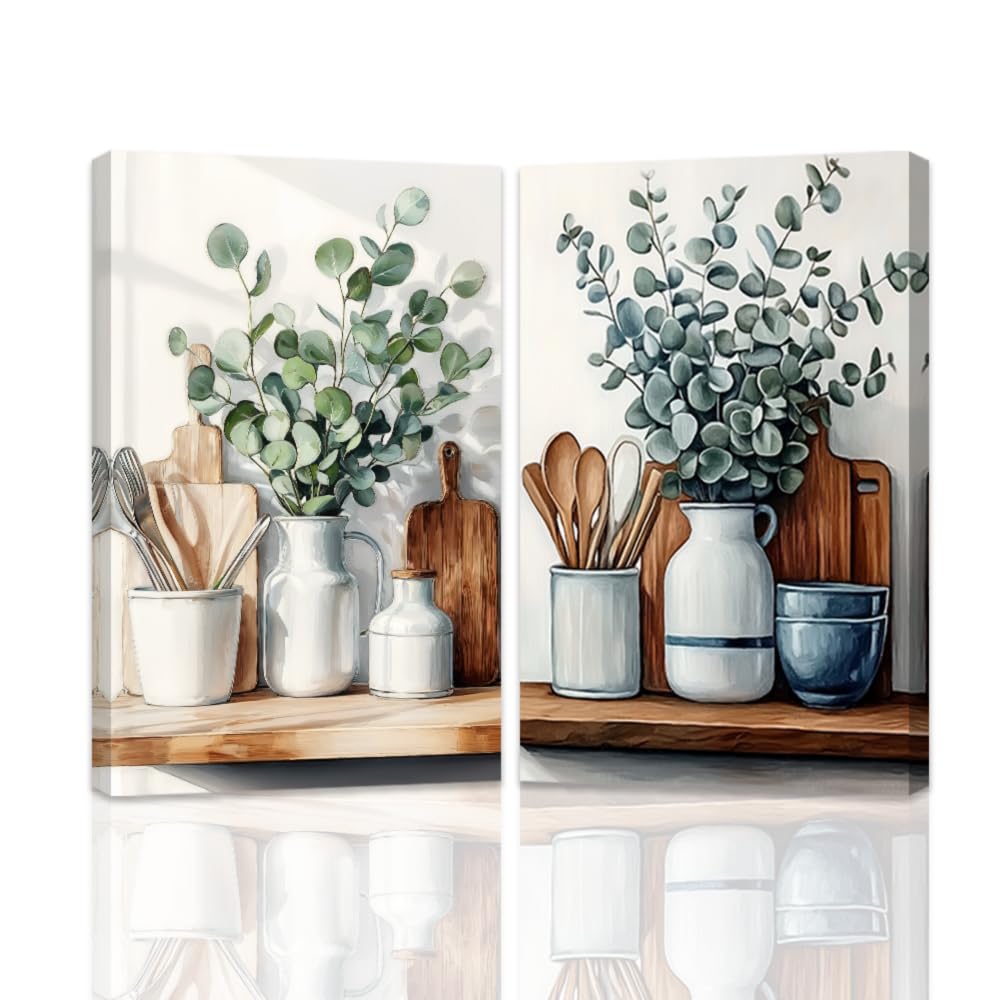ZQQART Eucalyptus Sage Pictures for Kitchen Set 2 Green Botanical Wall Art Wildflower Leaves Canvas Painting Living Room Decor Framed(Green,24.00"x36.00"x2P)