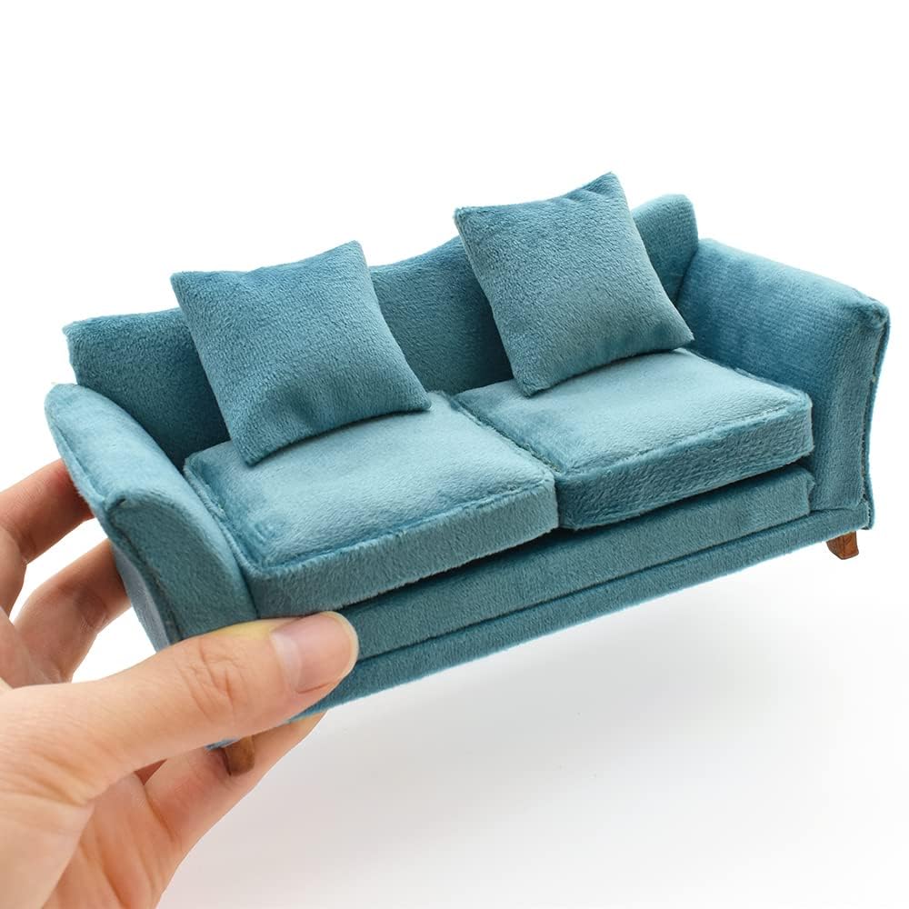 iLAND Dollhouse Furniture of Dollhouse Couch Fit Modern Miniature Accessories and Furniture, 1/12 Scale Mini Living Room Decor Chic Turquoise Blue Velvet Sofa for 4-6” Action Figures