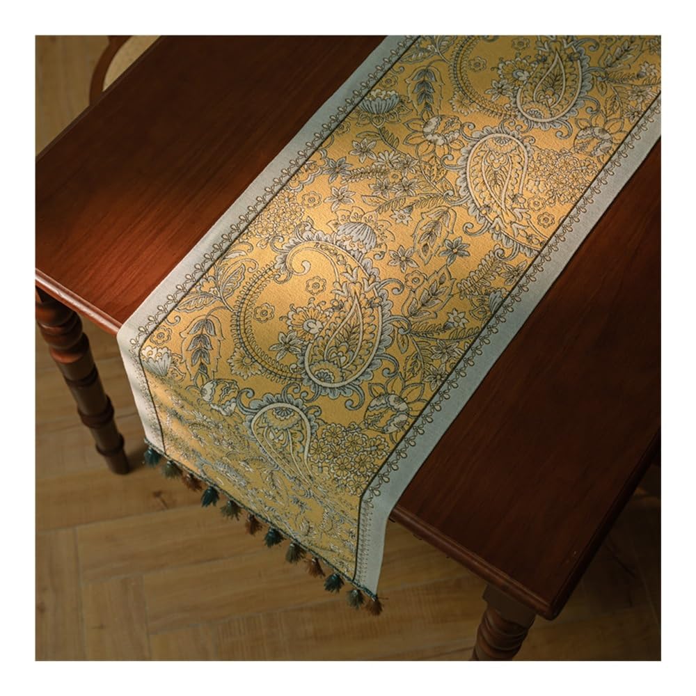 Drapeau de table vintage tissé jacquard, branche et fleur de vigne, nappe de maison, nappe de table, drapeau de lit, drapeau de queue de lit (jaune bleu, 300)