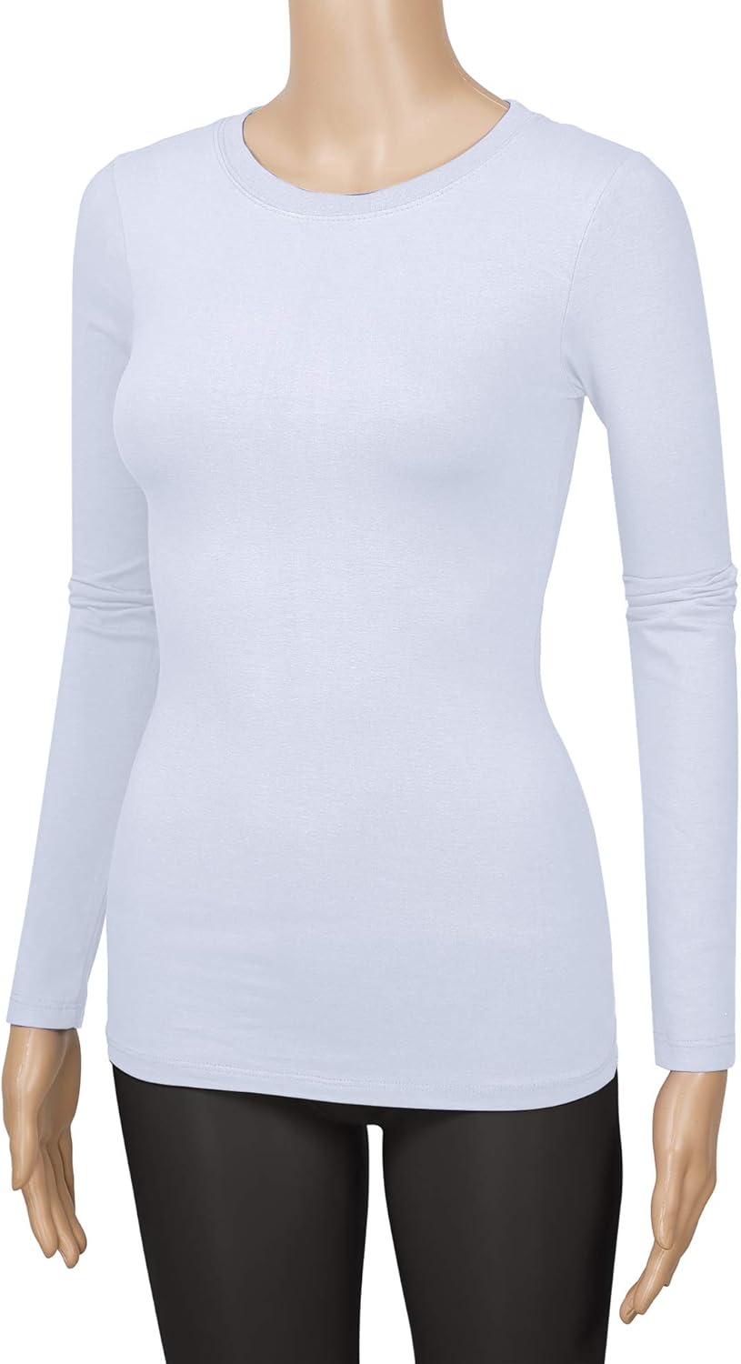 Womens Junior Basic Solid Multi Colors Slim Fit Long Sleeve Round Neck Top (1100-White, Large) - Image 2