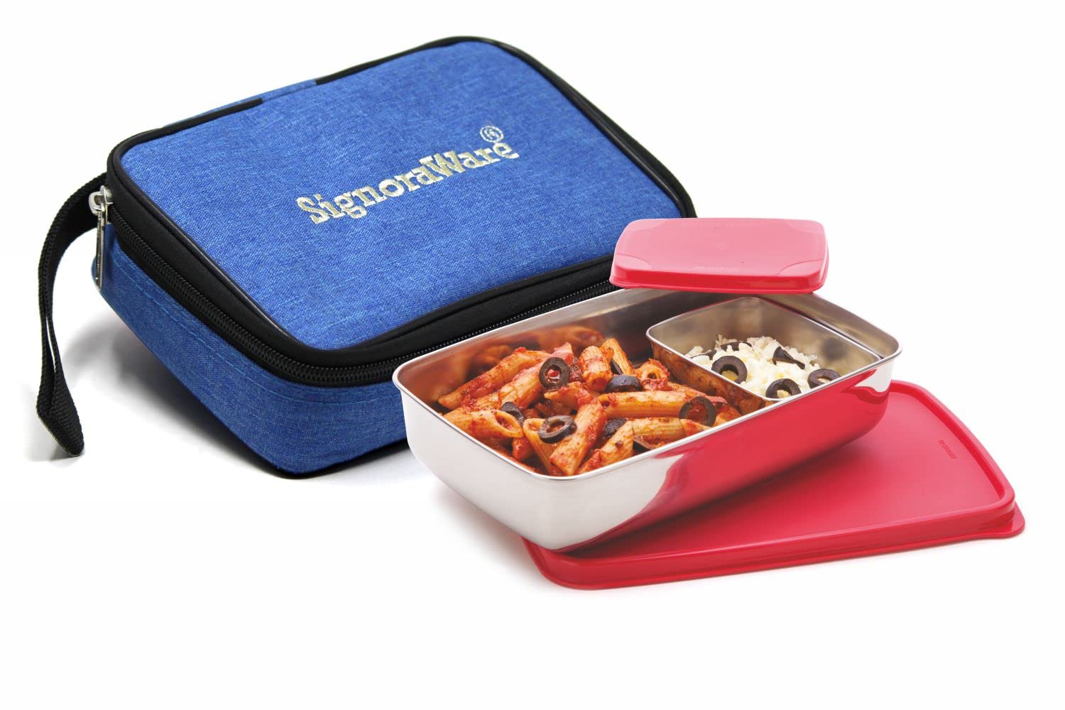 SignoraWare Compact Small Stainless Steel Lunch Box with Bag | Two Compartment Tiffin | Airtight Lid | Leak Proof | Useful for Picnic & Outdoor | Best for Office & School use (150ml + 550ml | Red)