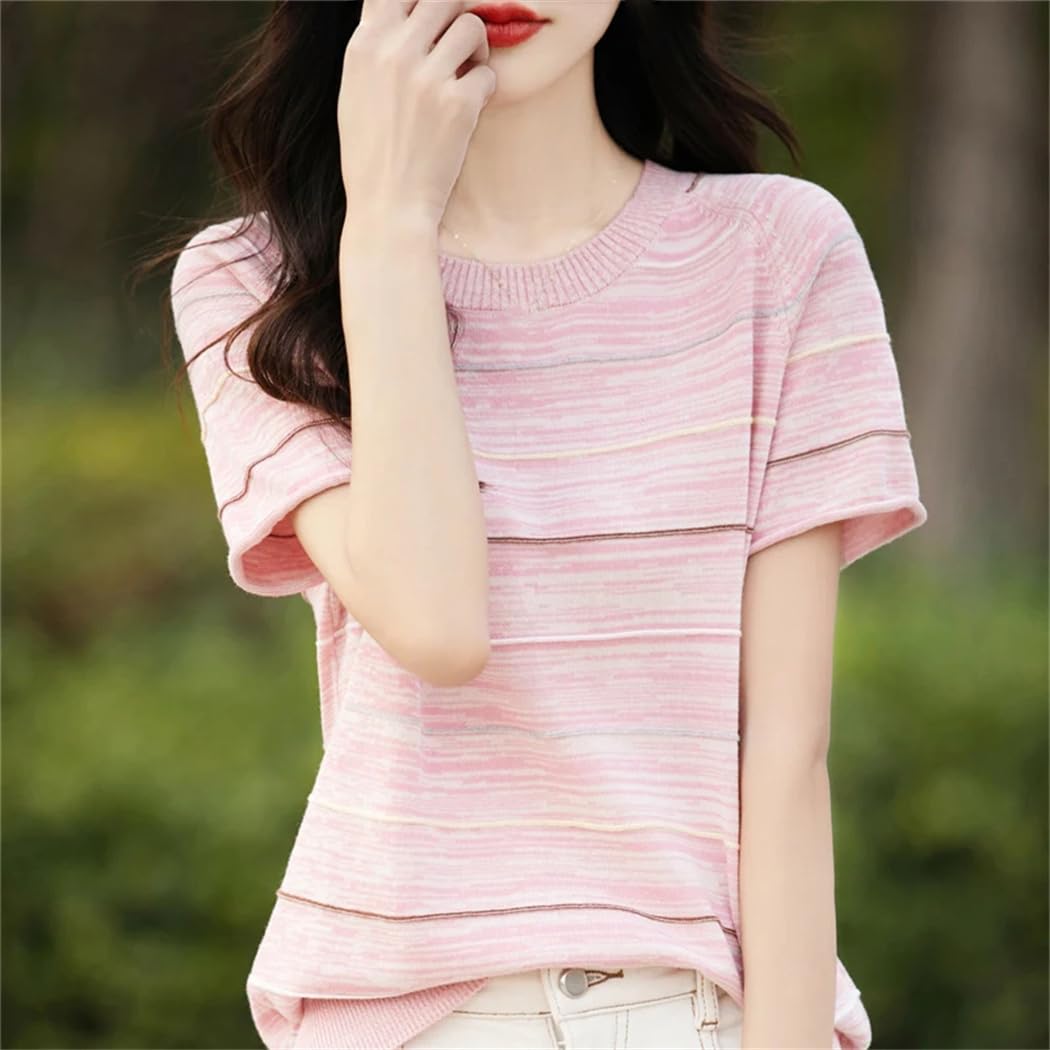 Camicetta estiva da donna in cotone a maniche corte casual a righe camicetta girocollo top pullover allentato t-shirt