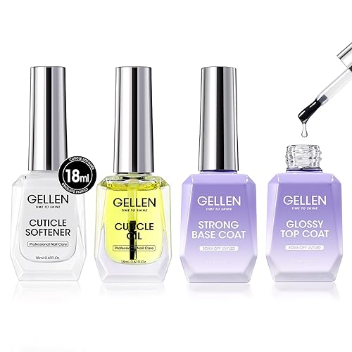 Gellen Kit de esmalte de uñas de gel de aceite para cutículas, 4 piezas de 0.6 fl oz, kit de cuidado de uñas con capa superior de gel, esmalte de