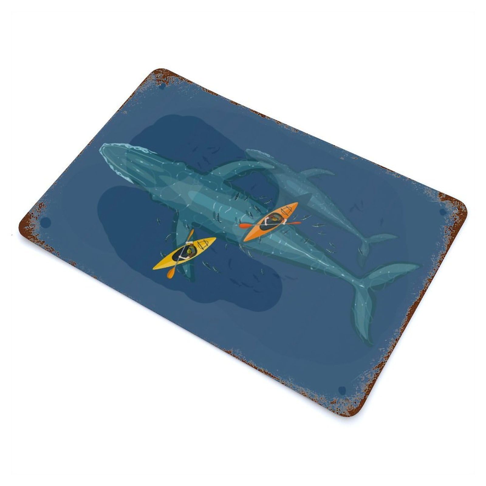 Canoes on Whale Family 11.8"x7.9" Rust Effect Tin Sign, Industrial Home Decor for Living Room, Hallway And Home Decor
