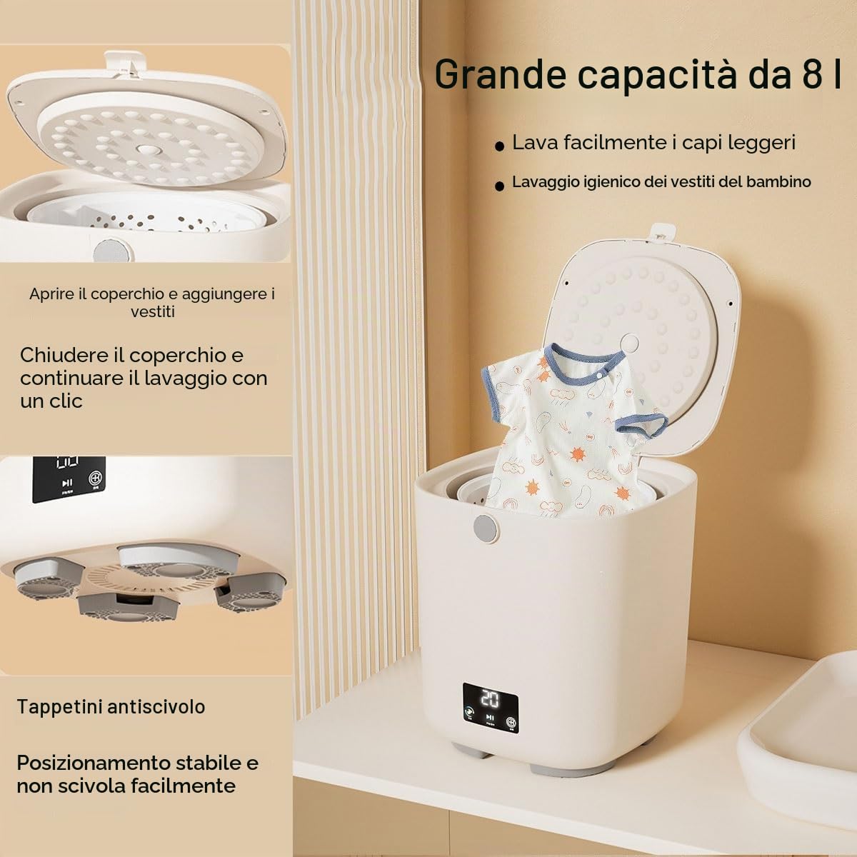 Lavatrice Portatile 24X24X33 Cm Combinazione Lavasciuga Capacità Di 8L Per Viaggi E Uso Domestico, Piccola Lavatrice Per Intimo, Calzini, Asciugamani