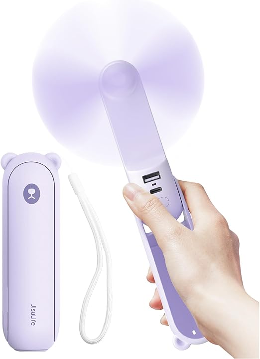 JISULIFE Handheld Fan with 4500 mAh Powerbank Max 37 Hours Runtime, Pocket Portable Battery Operated or USB Powered Folding Personal Fan, 3 Speeds, Gifts for Women Men Kids Gift for Festival-Purple