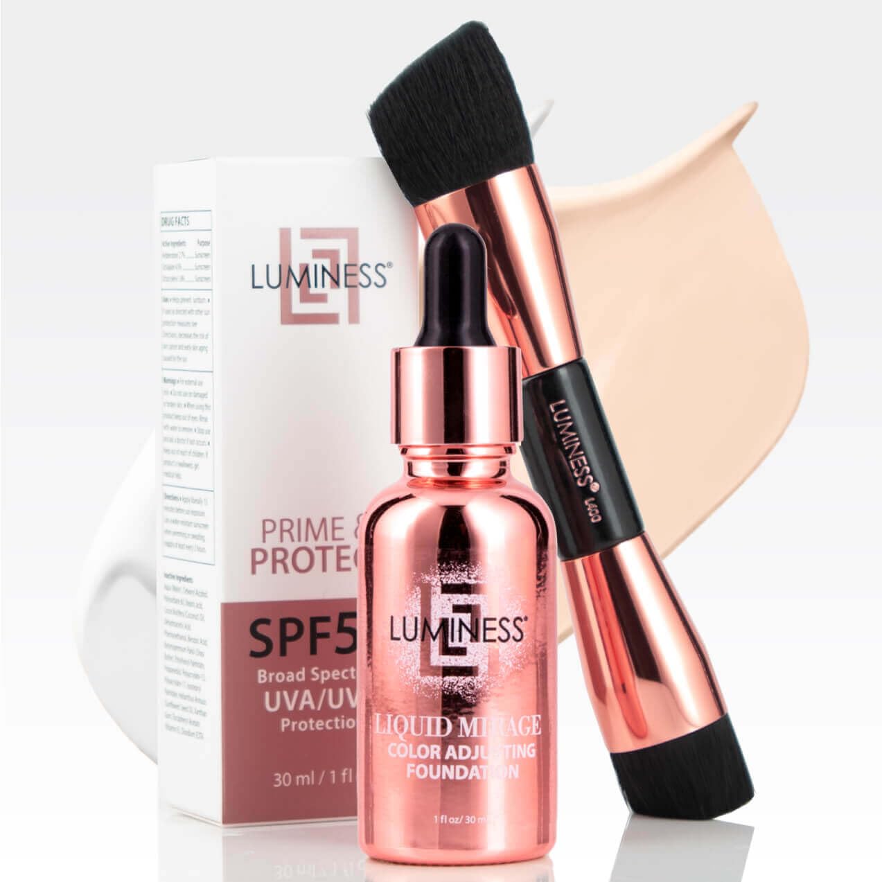 LUMINESS Liquid Mirage 3PC Kit – Color Changing Foundation with SPF 50 Primer & Makeup Brush, Hydrating & Lightweight Face Makeup, 4 in 1 Liquid Foundation, Concealer & Moisturizer (01 Light)