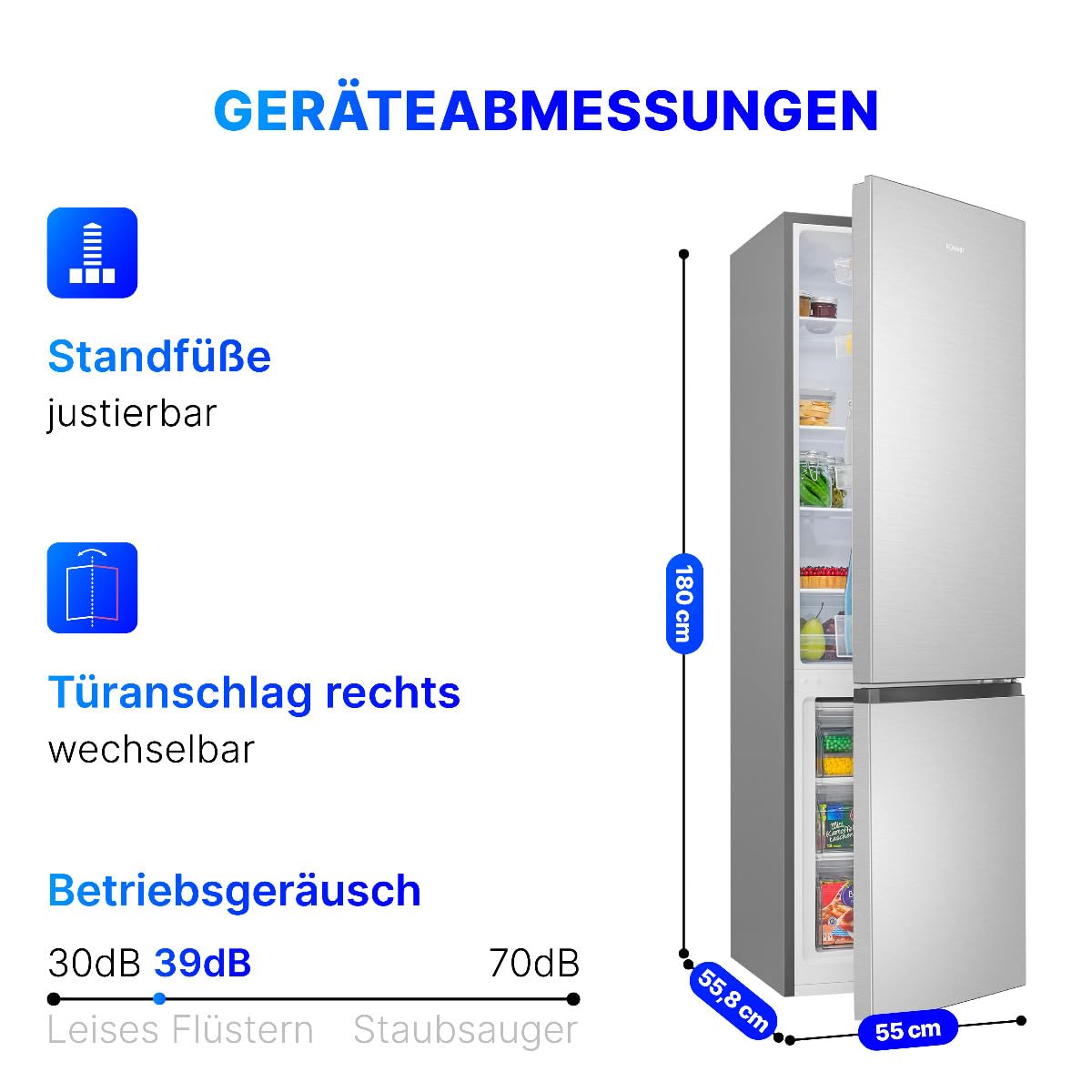 Bomann Kühlschrank mit Gefrierfach 269L Energieklasse D 180cm leise 39 dB KG 184.2 inox