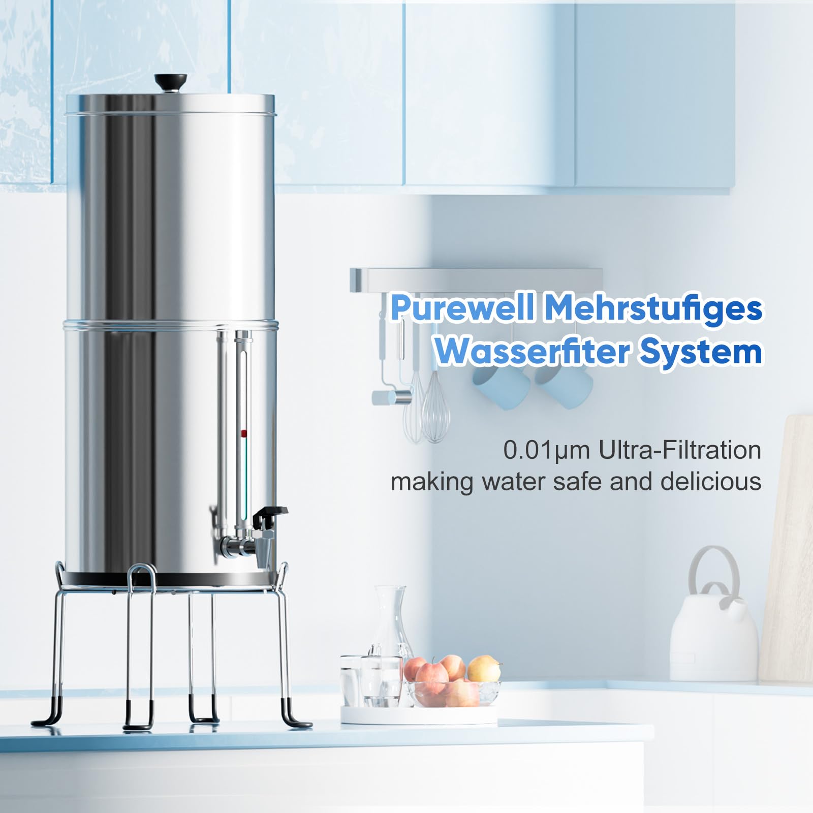 Purewell 6-traps zwaartekracht ultrafiltratie-watersysteem, met glazen waterpeilindicator, 304 roestvrij stalen werkbladsysteem met 4 elementen en houders, vermindert fluoride en chloor, 11 liter