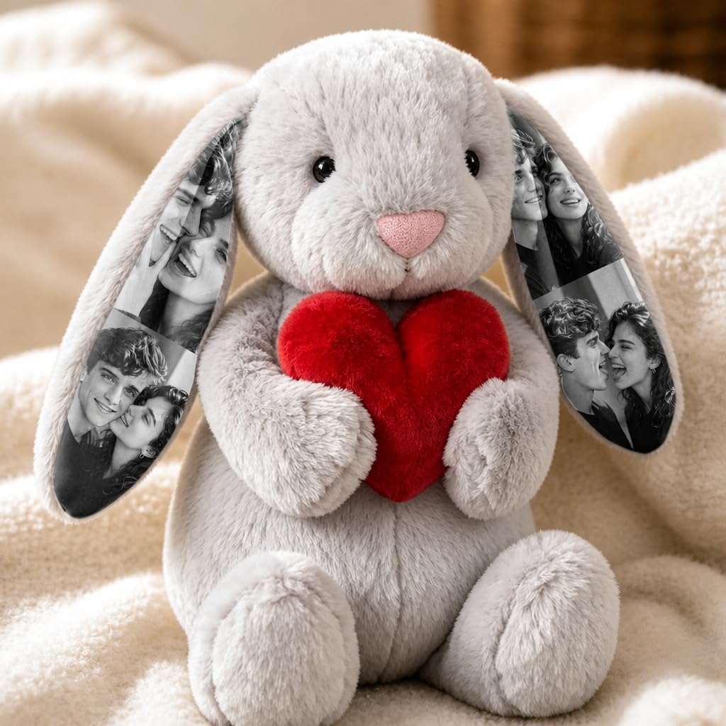 Personalized Photo Bunny Stuffed Animal, Custom Rabbit Plush with HD Print, Handmade Fluffy Customizable Stuffed Animal, Cute Keepsake Gift for Son Daughter (Style-5)