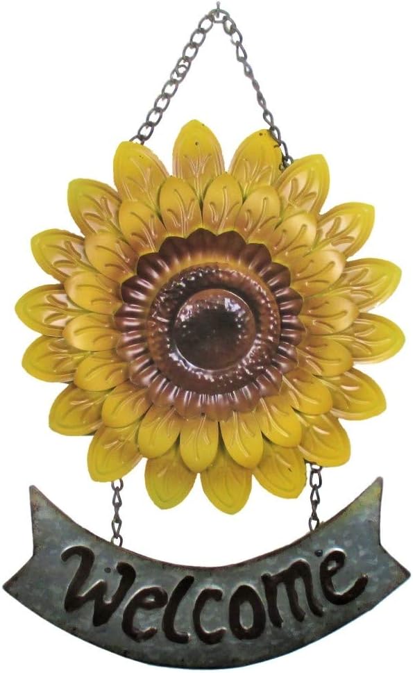 UDL Sunflower Welcome Sign for Front Door, Vintage Yellow Metal Hanging Home and Kitchen Wall Decor, Decorative Outdoor Spring Summer Fall Flower Wreath, Rustic Outside Porch Patio Decorations