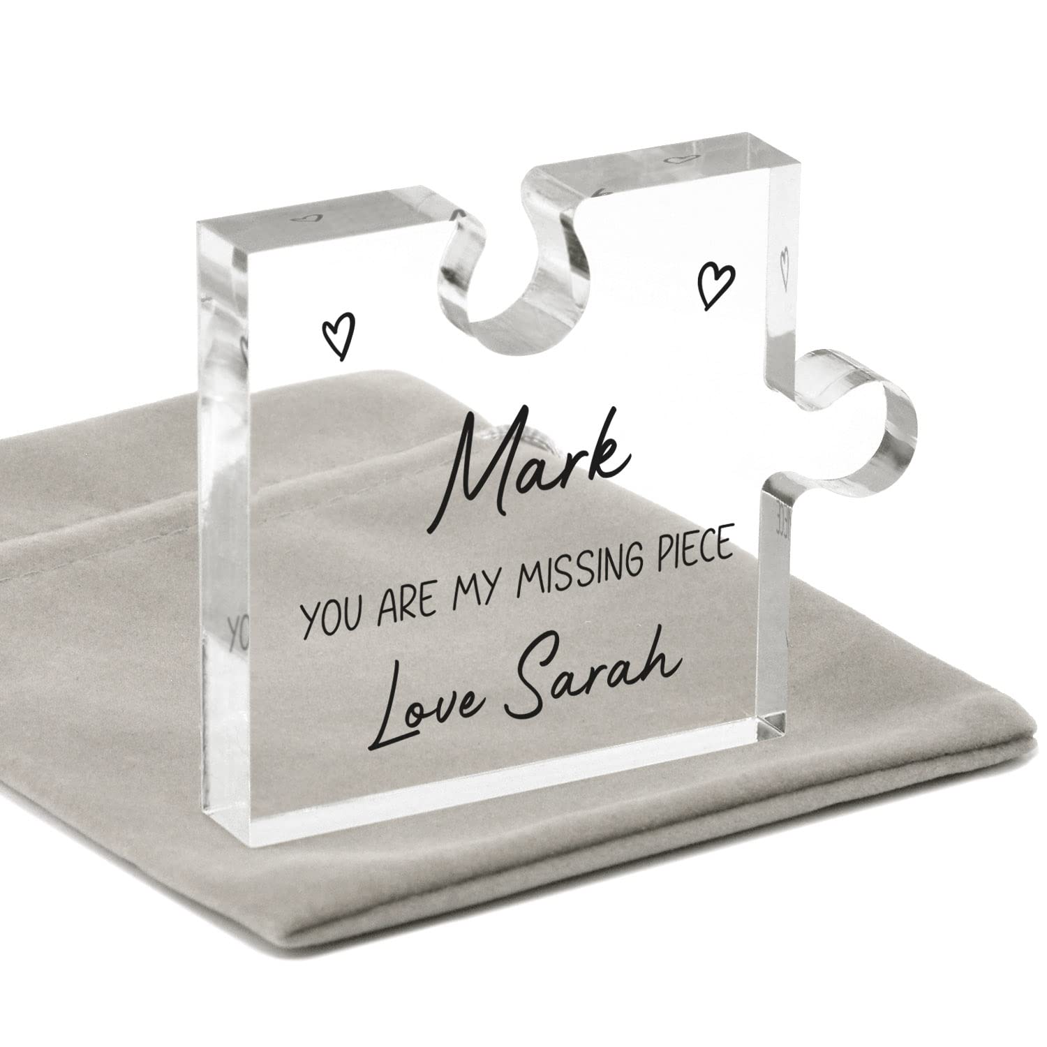 My Missing Piece Personalised Valentines Gifts For Boyfriend Girlfriend, Custom Acrylic Jigsaw Puzzle Piece Keepsake, Husband Wife Couples Gifts, Wedding Anniversary Engagement Gift, With Grey Bag