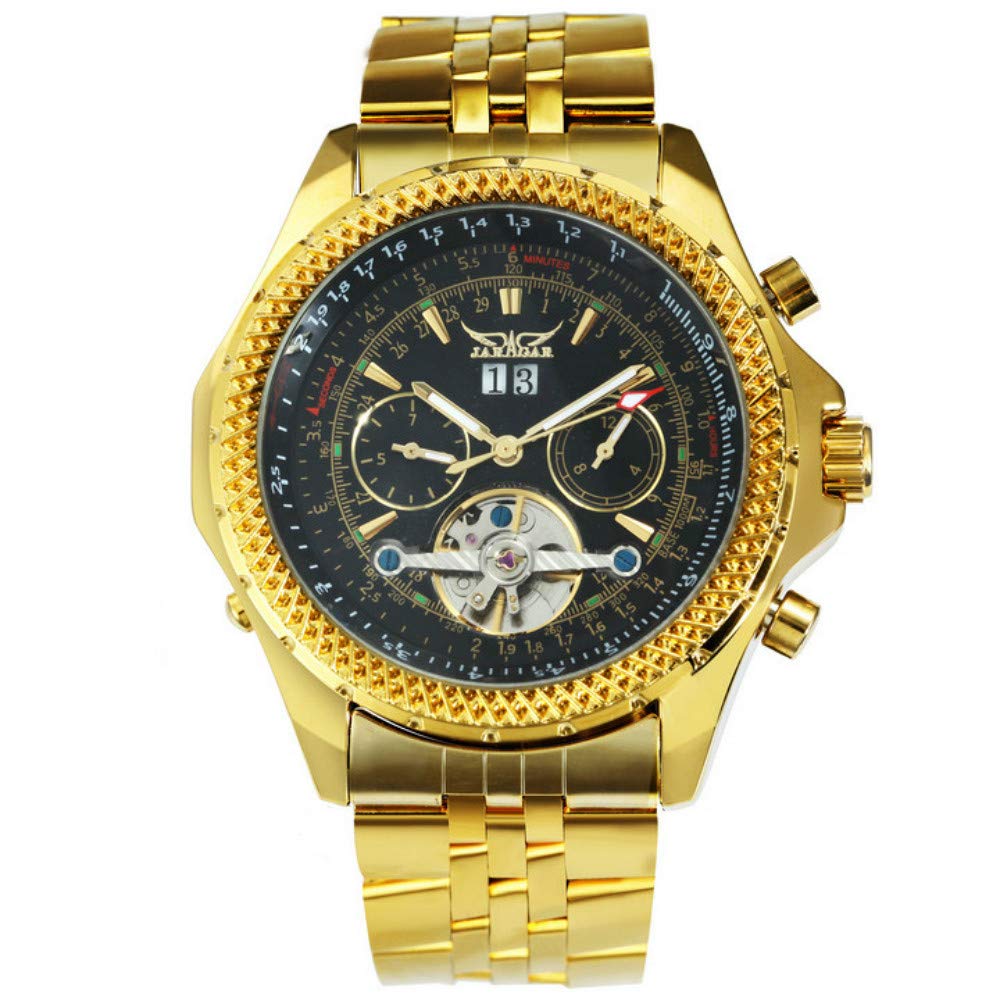 Golden Stainless Steel Tourbillion Design Calendar Display Mens Watches Brand Luxury Automatic Mechanical Wrist Watch
