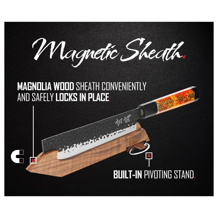 Concord Genbu Traditional Japanese Chef's Knife Raw Hammered Double Beveled 9CR18MOV Blade w/ 60 HRC. Tortoise Shell Resin Handle. Comes with Magnetic Magnolia Wood Sheath with Stand. (7" Nakiri)