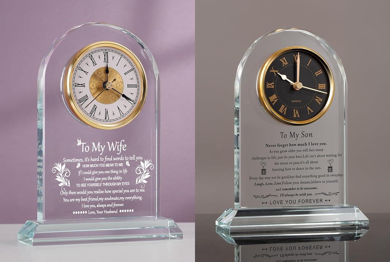 Glass Clock Gift for Wife, Son – Unique Father's Day, Birthday, Christmas, Thanksgiving, Valentine's Present - Elegant Desk Clock with Base who Has Everything