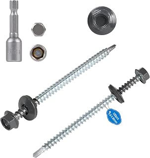100 Selbstschneidende Schrauben 4,8 x 80 mm Sechskant Spenglerschrauben mit Dichtscheibe Dachschrauben Verzinkt Sechskantkopf mit 1 Sechskant Bit Steckschlusselsatz Trapezblechschrauben, Grau