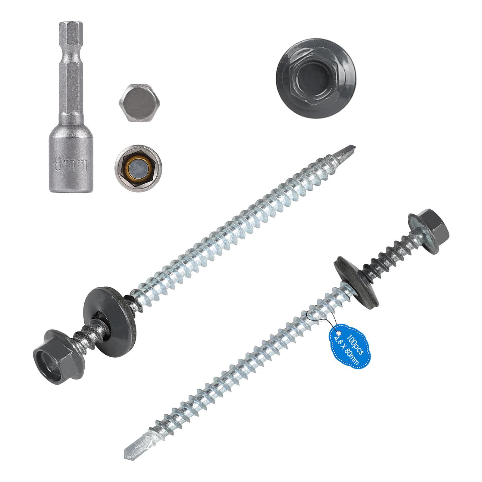 100 Selbstschneidende Schrauben 4,8 x 80 mm Sechskant Spenglerschrauben mit Dichtscheibe Dachschrauben Verzinkt Sechskantkopf mit 1 Sechskant Bit Steckschlusselsatz Trapezblechschrauben, Grau