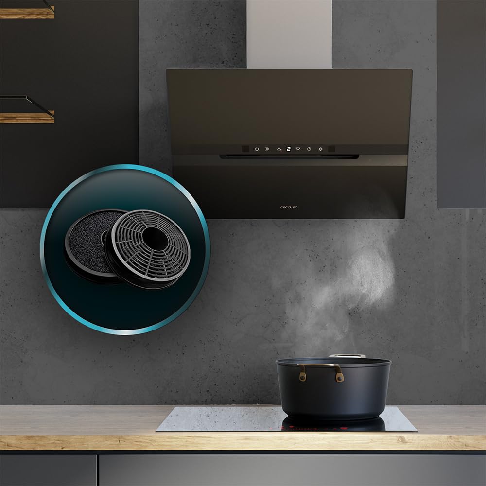 Cecotec Cappa Aspirante 60 cm Vetro Temperato. Bolero Flux DT 608010 Glass Black A++ 210W, Cappa 60cm vetro nero, Flusso d'Aria 800m3/h, A++, Touch, LED, Bluelit, Carbonio Ø176, alluminio 5 strati