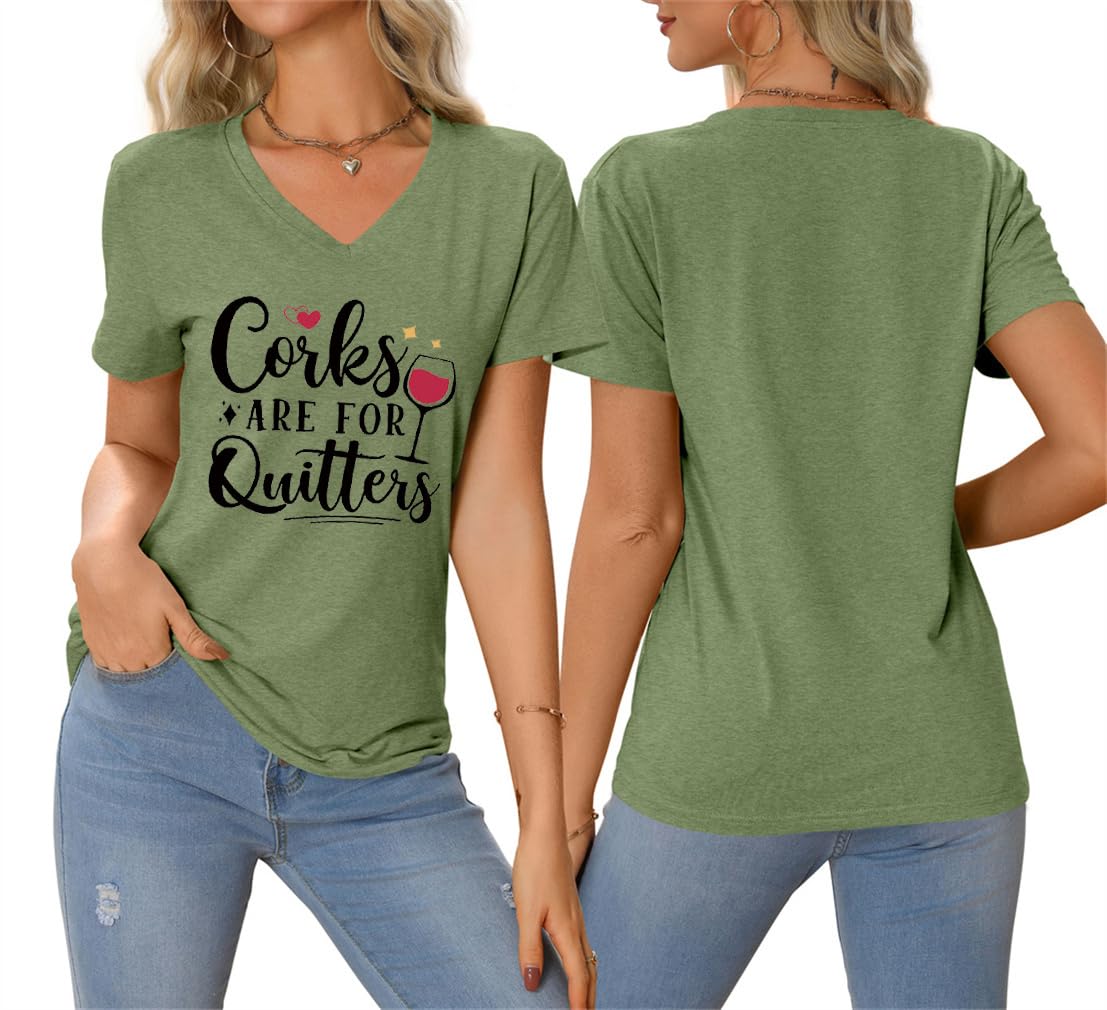 Corks are for Quitters - Camiseta de manga corta para mujer con cuello en V para amantes del vino