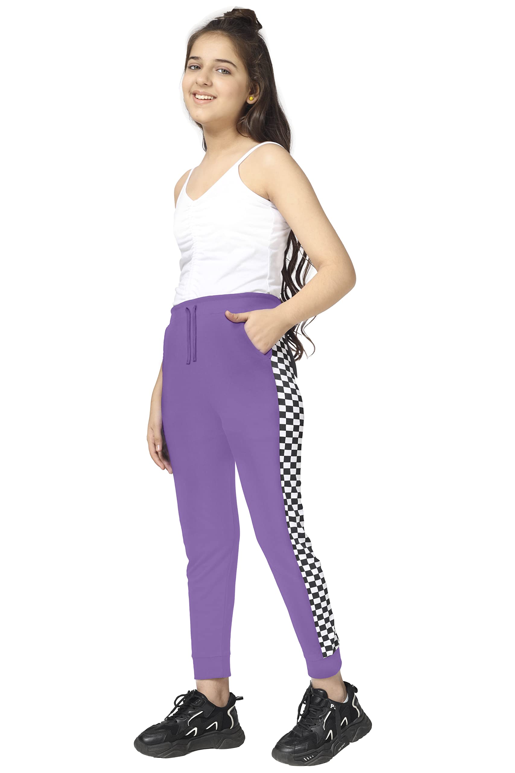 KYDA Kids® Trainingshose für Mädchen, 100 % Baumwolle, Schachdruck, elastischer Bund, normale Passform, weich, atmungsaktiv, Kinder-Freizeitkleidung mit Seitentaschen, mehrfarbig, 2 Stück