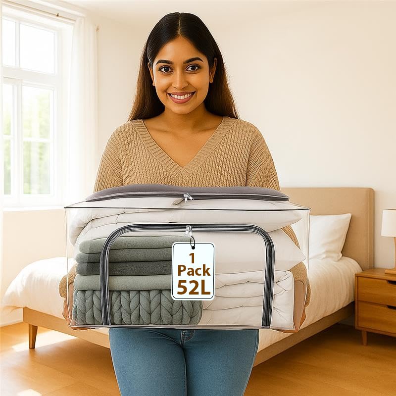 Image of JD FRESH Plastic 1 Pc 52L Transparent Storage Bags With Handles /Foldable Storage Box For Clothes /Under Bed Box With Zippers /Wardrobe Organizer For Storage /Organiser For Blanket /Bedsheet,58X35X25 Cm