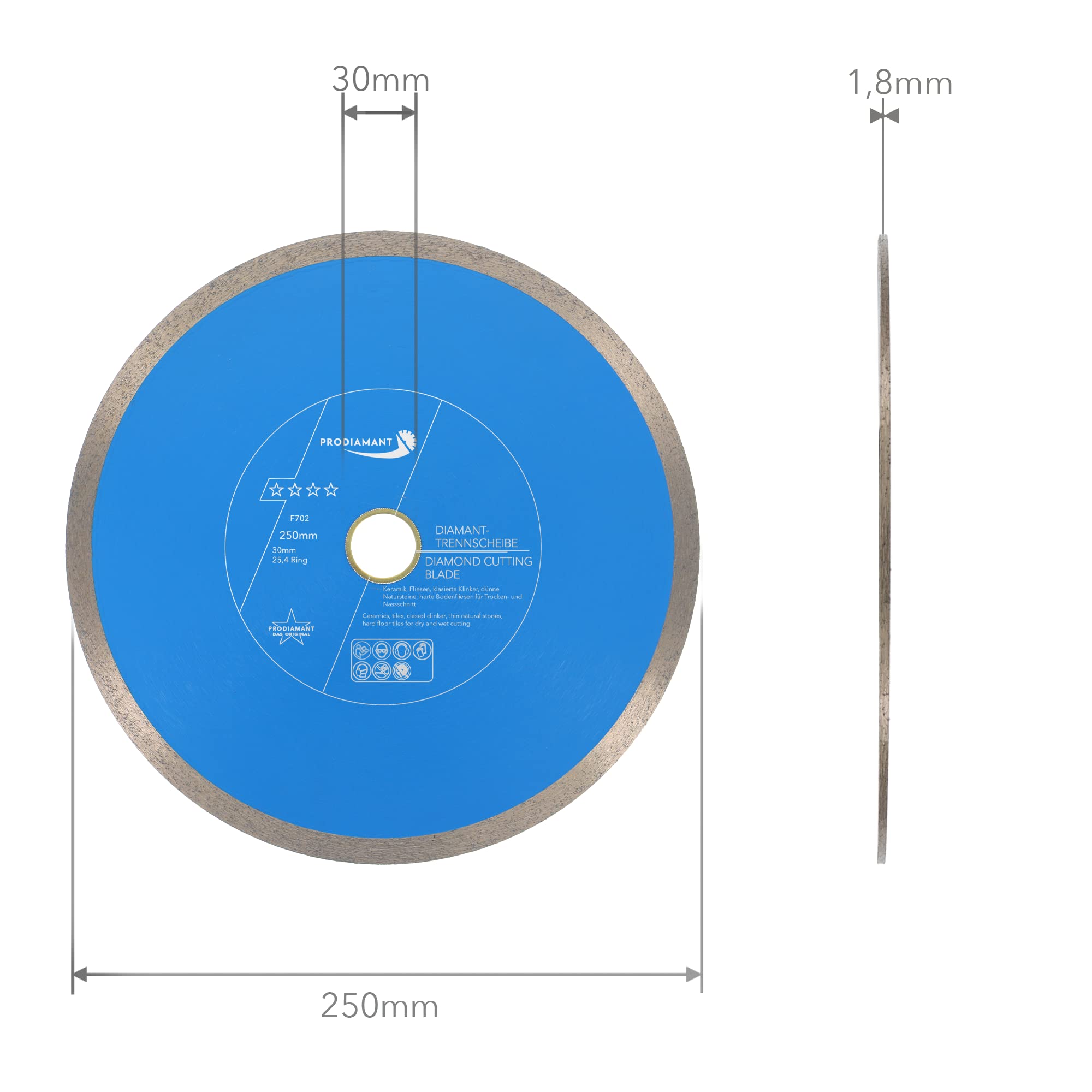 PRODIAMANT Disco da taglio diamantato Tile Professional 250 mm x 30/25,4 mm F702 ProRim no break out su piastrelle smaltate gres porcellanato ceramica e pietra naturale