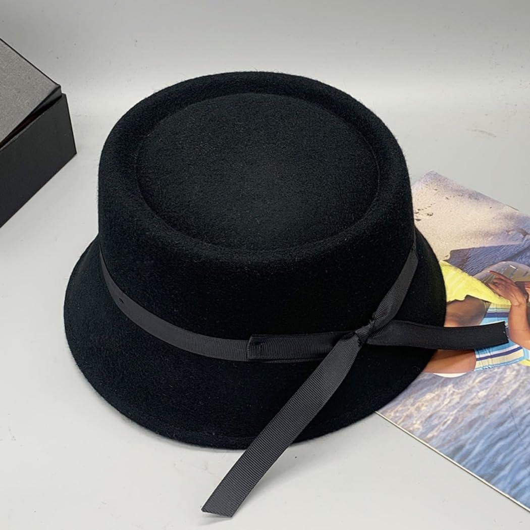Wool Bucket Hat with Black Ribbon Bow, Khaki, Classic Flat Top Design (Black,One Size)