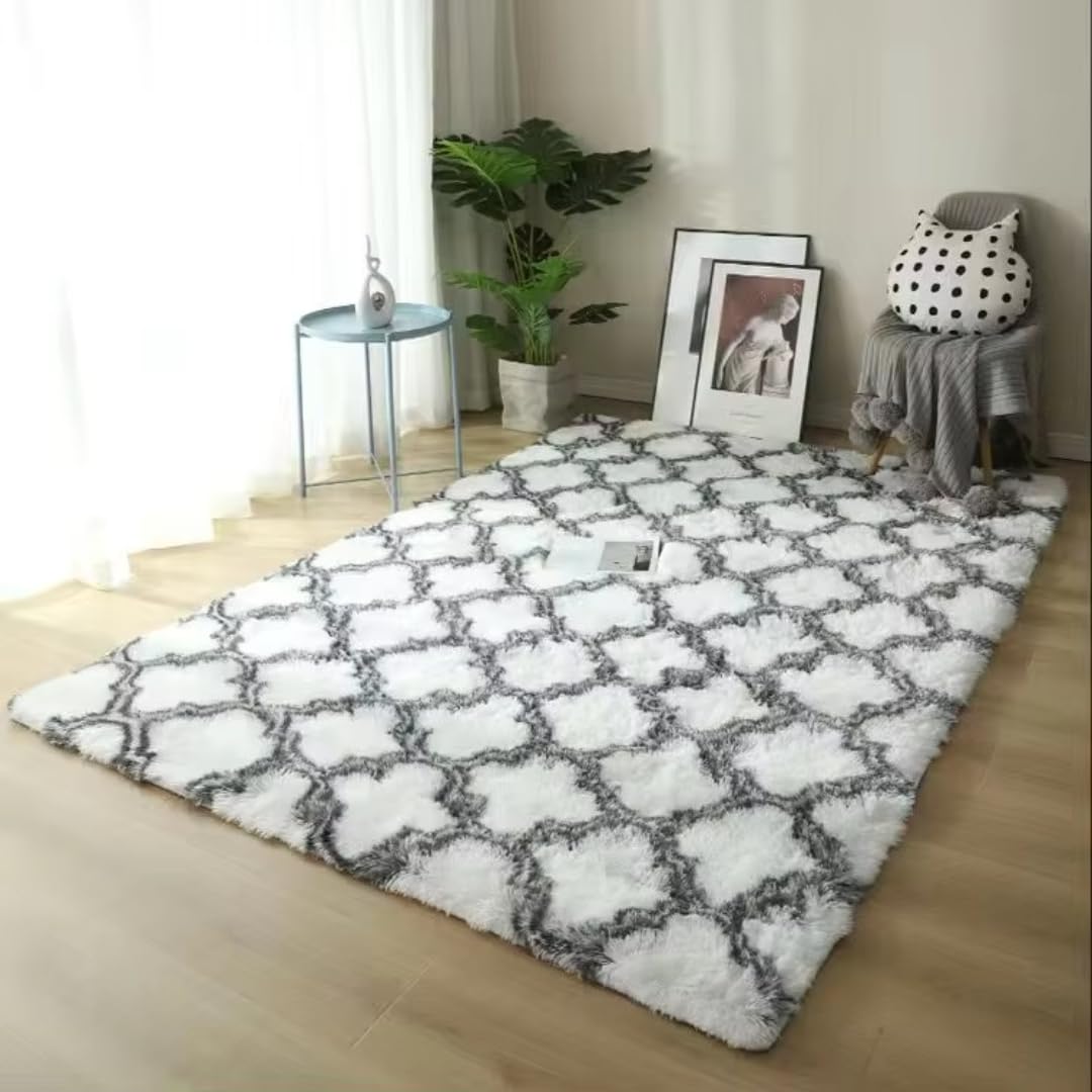 Pluszowy dywan odpowiedni do salonu, biały, miękki, puszysty dywan do sypialni, łazienki, gruba mata podłogowa, dekoracja pokoju młodzieżowego (160 x 200 cm, 63 x 78 cali, biała krata)