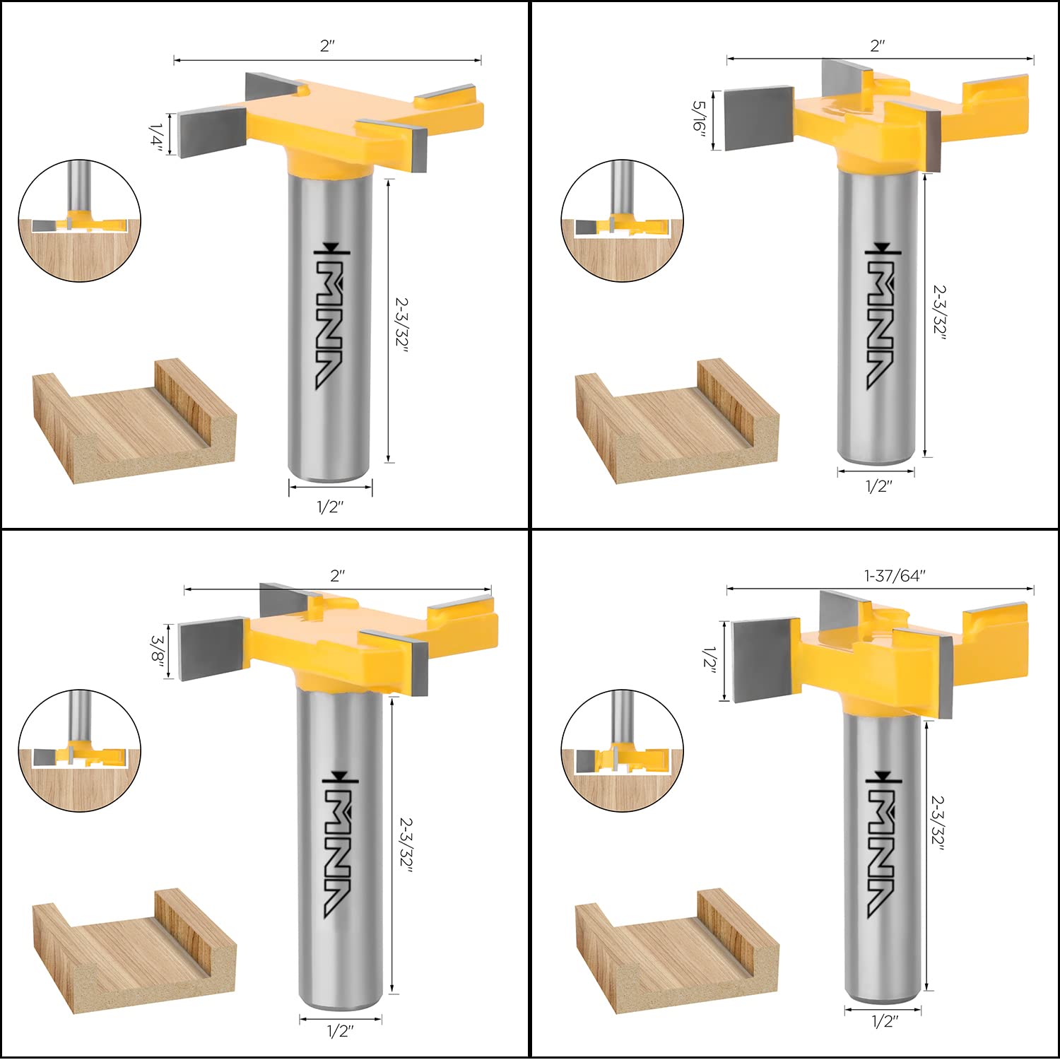 MNA CNC Spoilboard Surfacing Router Bit,4PCS Router Bit Set,1/2 Inch Shank，4 Wings,2-Inch Cutting Diameter,1/4" 5/16" 3/8" 1/2" Milling Depth