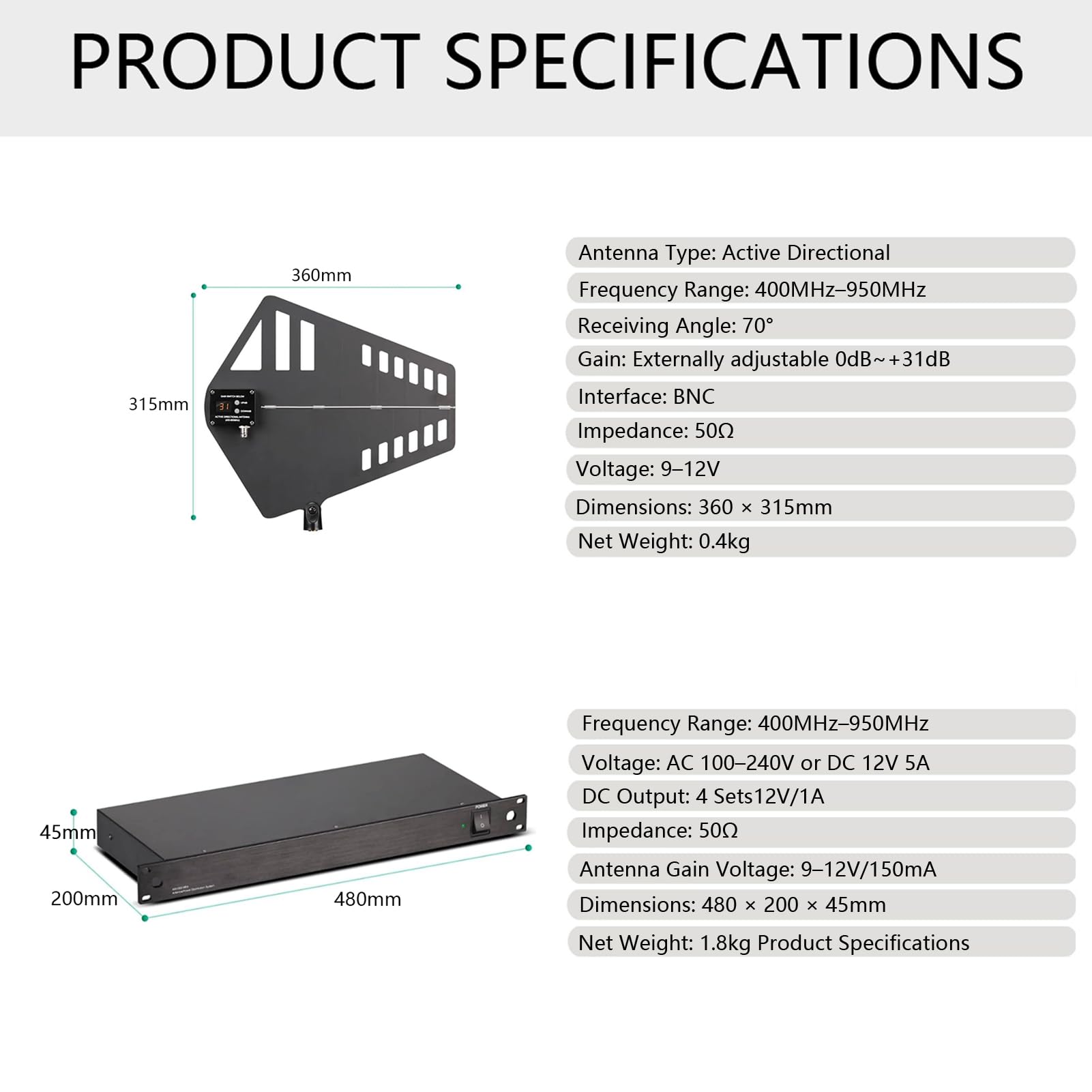 Amplificateur de signal de microphone sans fil UHF avec distribution d'antenne, dispose de 2 antennes directionnelles actives, plage de fréquences de 400 à 950 MHz, gain réglable de 31 niveaux