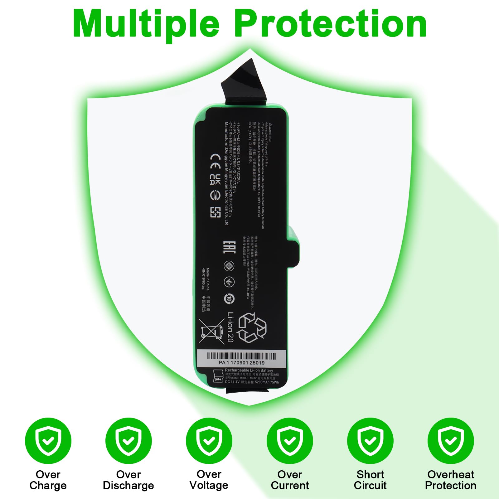 Batteria di ricambio agli ioni di litio 14,4 V 5200 mAh, compatibile con iRobot Roomba 980 960 985 801 850 860 870 880 890 891 895 770 780 790 640 650 655 670 671 675 680 690 685 Serie 520 521
