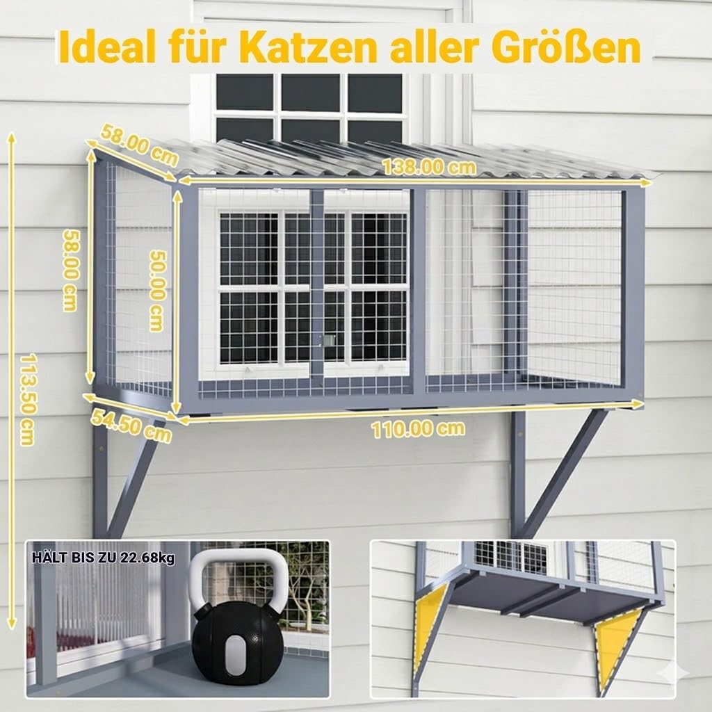 Outdoor Katzenfenster Catio aus Holz – Wetterfester Katzen-Fensterkasten mit verzinktem Drahtgitter & PVC-Dach, Große Aussichtsplattform für Katzen, Stabil an der Wand montierbar (Dunkelgrau)