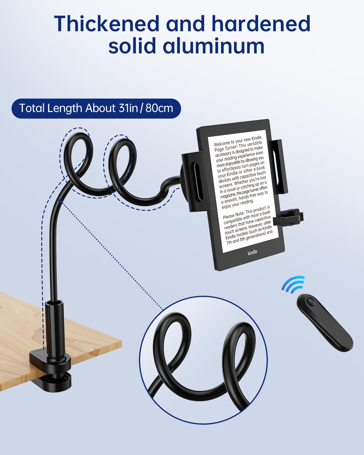 Kindle Halter mit Fernbedienung Seitenumkehrer - Freisprech-Leseständer für Bett, Schreibtisch, Laufband - Kompatibel mit Kindle Paperwhite, Oasis, iPad, iPhone und mehr